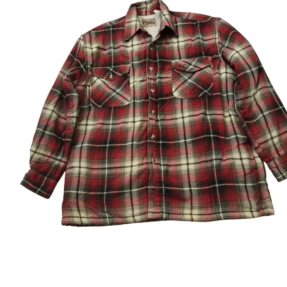 Vintage 80s Red Plaid Sherpa Lined Quilted Shacket Jacket Men's Outdoor Chore L